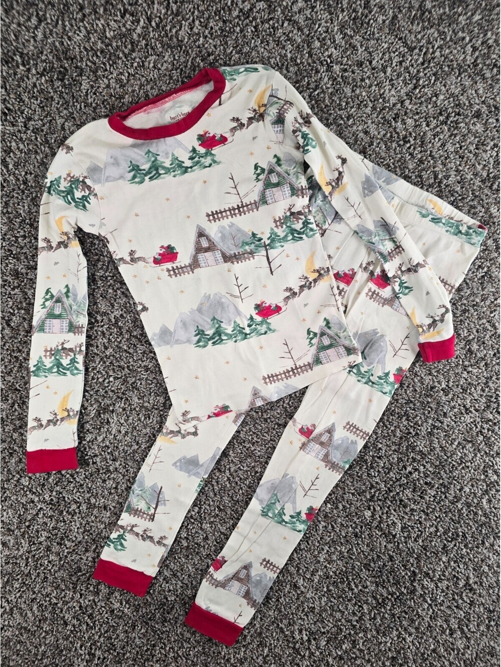 Burts Bees Kids Sz 8 Christmas Pajama Set Santas Sleigh Snow Print Holiday